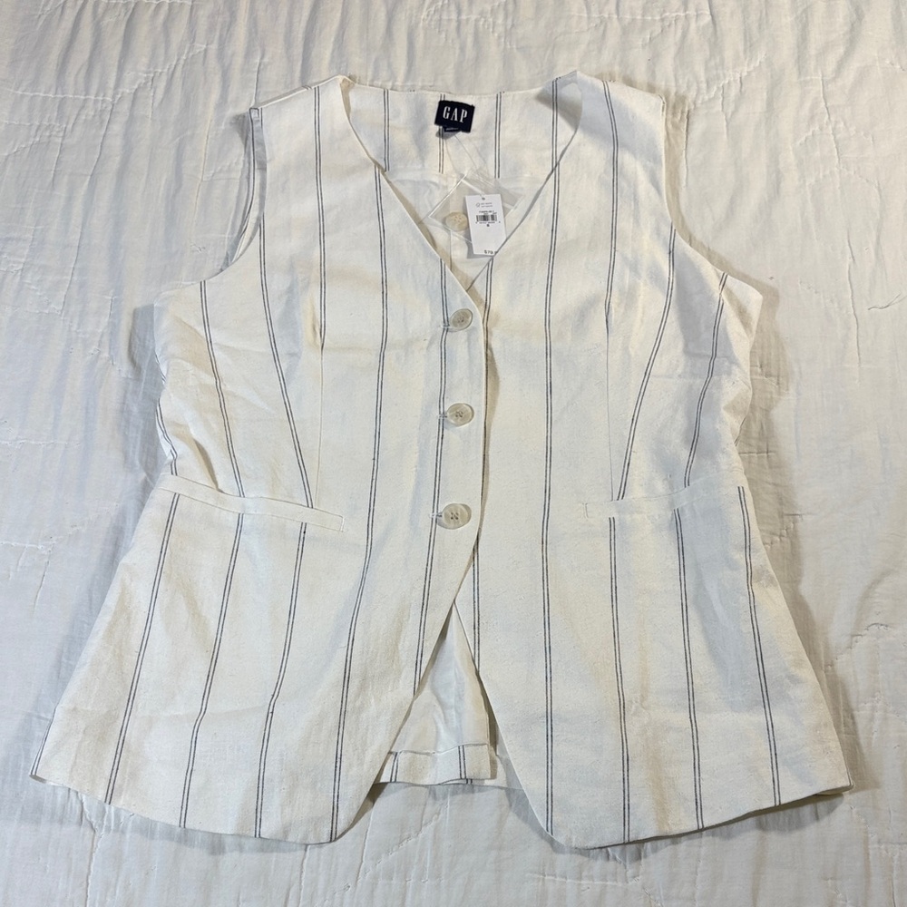 Gap Women’s White Pinstripe Linen-Blend Longline Vest Waistcoat Small NWT